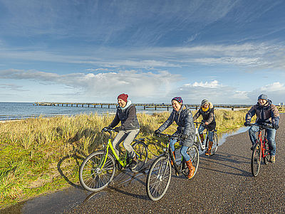 Vier Personen fahren in winterlicher Kleidung mit dem Fahrrad an der Ostseeküste entlang. Im Hintergrund befindet sich eine Seebrücke.