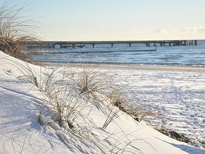 Schneebedeckte Dünen mit vereinzelten Strandgräsern an der Ostsee. Im Hintergrund erstreckt sich eine Seebrücke über das Meer.