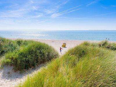 Breiter Sandstrand mit begrünten Dünen und ruhigem Wasser. Ein gelber Strandkorb steht auf dem hellen Sand nahe der Uferlinie. Eine Person geht über den Strand in Richtung Wasser. Das Wasser glitzert in der Sonne, darüber spannt sich ein weiter, fast wolkenloser Himmel.