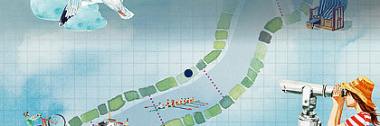 Illustration eines Kanalstücks in Aquarellfarben. - zum Artikel 'Der Nord-Ostsee-Kanal – Die große Abkürzung'