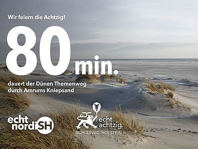 Werbemotiv mit Dünenlandschaft und Blick über den Kniepsand auf Amrum. Der Text lautet: ‚Wir feiern die Achtzig! 80 Min. dauert der Dünen Themenweg durch Amrums Kniepsand.‘ Am unteren Bildrand sind die Logos von ‚echt nordish‘ und der Jubiläumskampagne ‚echt achtzig. Schleswig-Holstein‘ abgebildet.