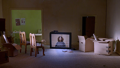 Zu sehen ist ein Wohnzimmer einer Puppenstube, in dem Stühle und offene, große Kartons stehen, sowie ein Fernseher, auf dem eine jüngere, schwarze Frau in die Kamera spricht.