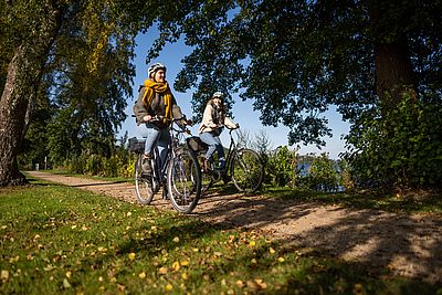 Zwei Personen fahren mit Fahrrädern auf einem sonnigen Waldweg. Beide tragen Fahrradhelme und warme Kleidung; eine Person hat einen gelben Schal um.