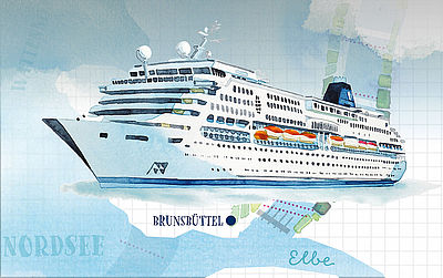 Illustration eines Kanalstückes, gemalt in Aquarellfarben auf kariertem Untergrund. Im Vordergrund sieht man das 232,40 Meter lange Schiff „Norwegian Dream“. 