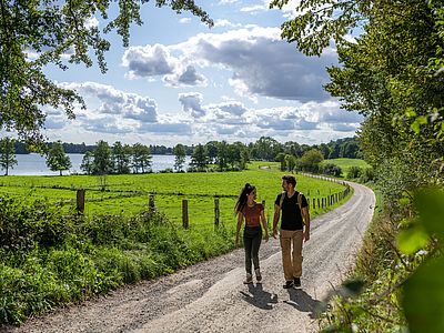 Zwei Personen gehen auf einem unbefestigten Weg durch eine grüne Hügellandschaft. Neben dem Weg erstrecken sich Wiesen und Weiden, im Hintergrund liegt ein See. Bäume säumen den Weg und rahmen die Szene ein.