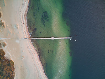 Ein aus der Vogelperspektive fotografierter Strandabschnitt, von dem ein Steg in das grün-blaue Meer hineingeht.