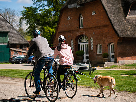 Paar fährt Fahrrad mit ihrem Hund