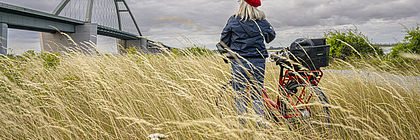 Eine Frau steht mit ihrem Fahrrad in hohem Gras und blickt zur Fehmarnsundbrücke. Sie trägt eine Regenjacke und eine rote Baskenmütze. - zum Artikel 'Ostseeküsten-Radweg: Urlaub für Körper, Geist und Seele'