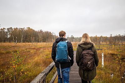Zwei Personen mit Rucksäcken gehen nebeneinander auf einem Holzsteg durch eine Moorlandschaft. Beide tragen wetterfeste Jacken, die Umgebung ist herbstlich mit braun-gelbem Gras und kahlen Birken im Hintergrund.
