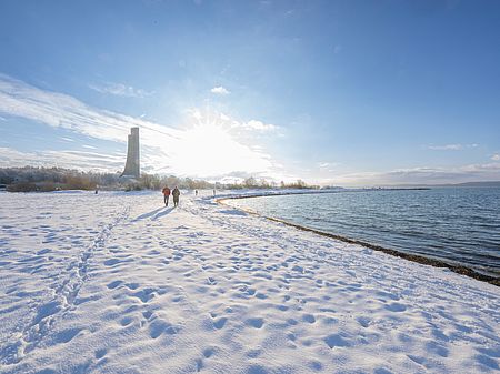 Verschneiter Strand von Laboe an einem sonnigen Wintertag. Zwei Personen spazieren am Ufer entlang, im Hintergrund steht das Marine-Ehrenmal. Rechts erstreckt sich die Ostsee unter blauem Himmel.